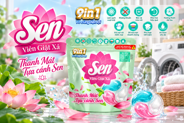 Viên Giặt Xả Sen 9in1 – Giặt Sạch Quần Áo, Hương Sen Thanh Mát Dài Lâu