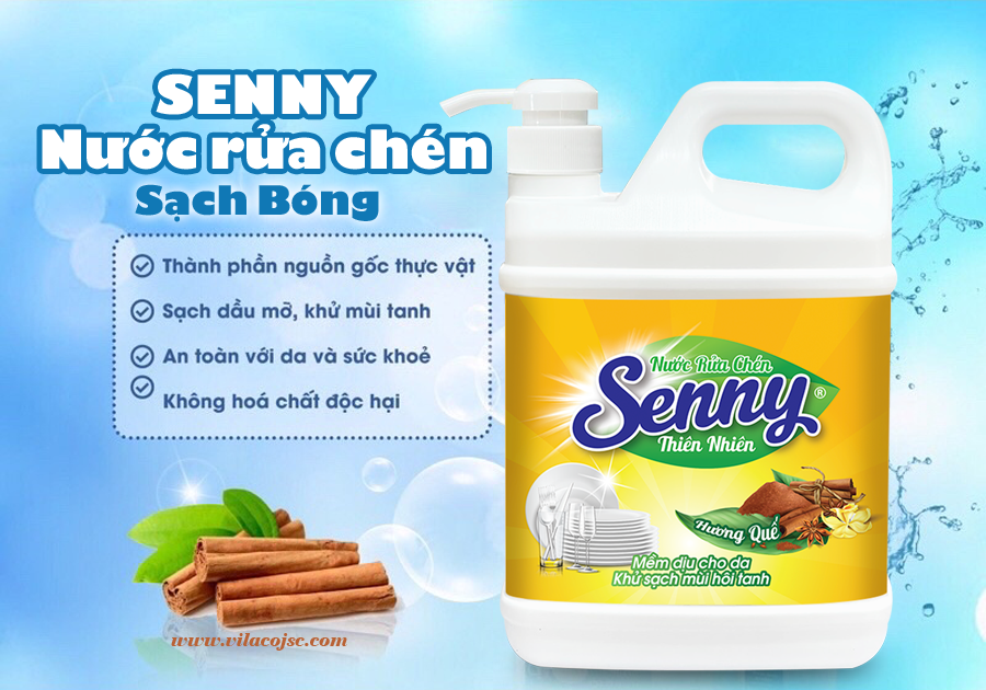 Nước rửa chén Senny hương quế không gây hại da tay, an toàn với trẻ nhỏ