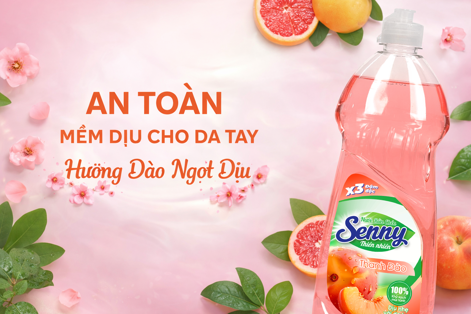 Nước Rửa Chén Senny Hương Thanh Đào – Sạch Khuẩn, Đánh Bay Dầu Mỡ